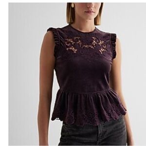 Express Velvet Crew Neck Lace Embroidered Peplum Top Size L Merlot